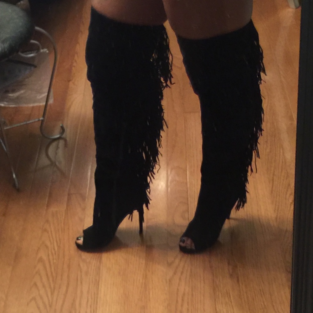Black fringe over the knee boot